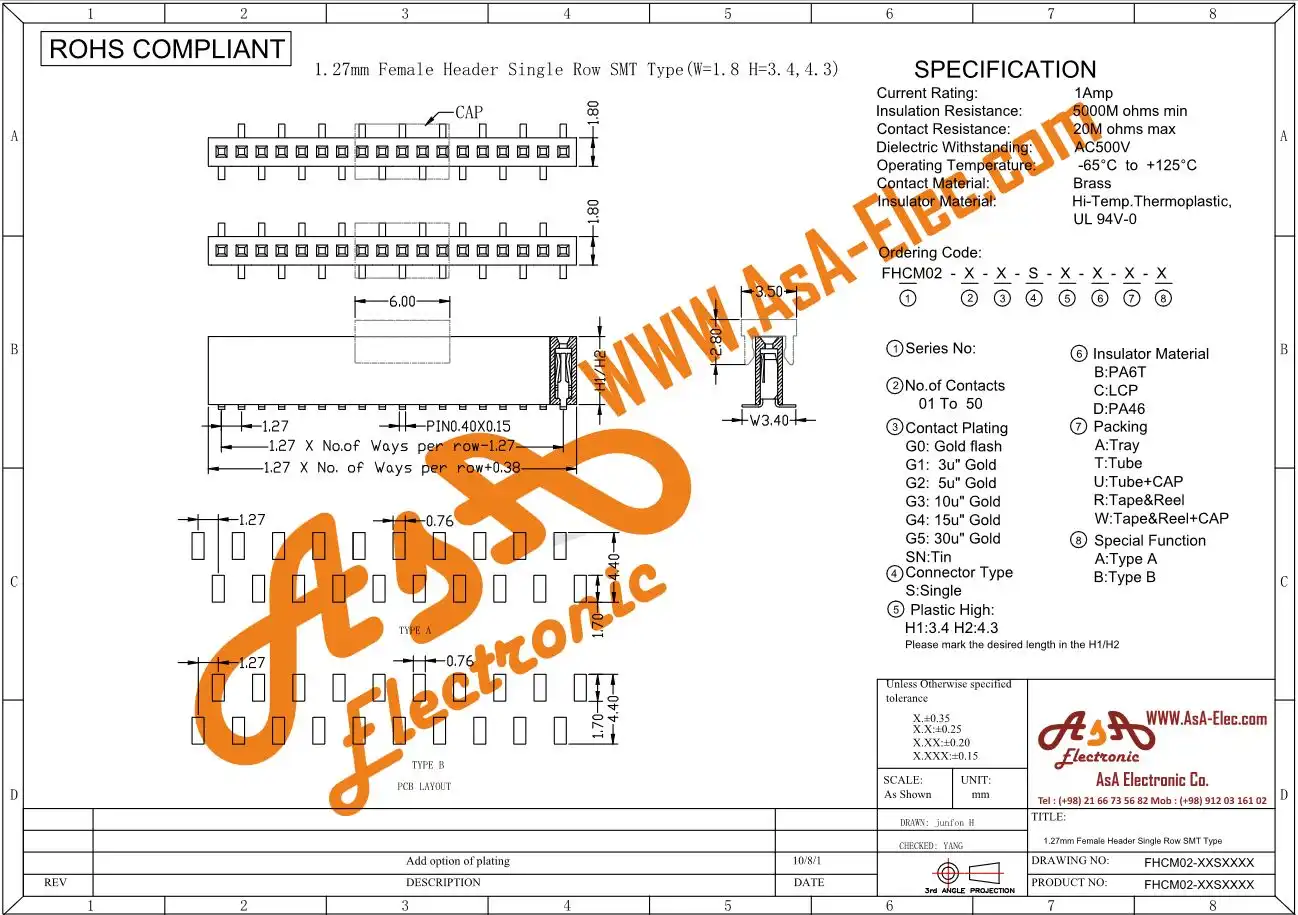 پین هدر 40*1 مادگی اتصال سطحی 1.27 میلیمتر SMD